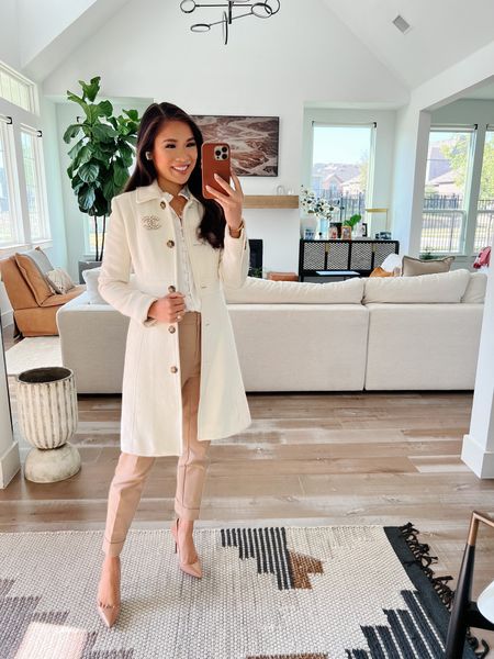 Fall coat for workwear, business casual, business professional and smart casual on sale for 25% off! Love this wool coat and I wear size Petite 0. Size up one size for a slightly roomier fit. Also wearing a white blouse tucked into tan skinny pants and heels. 

#LTKSeasonal #LTKsalealert #LTKstyletip