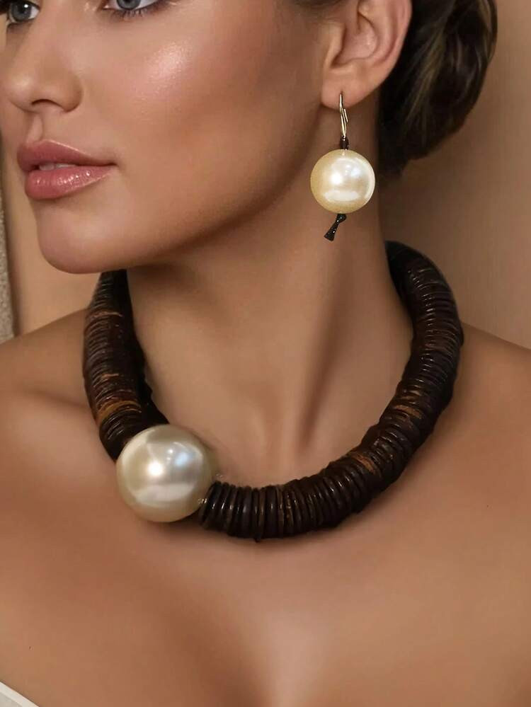 Vintage Wooden Necklace & Earrings Set, Faux Big Faux Pearl Exaggerated Personalized Choker Necklace Earrings, Elegant & Fashionable | SHEIN