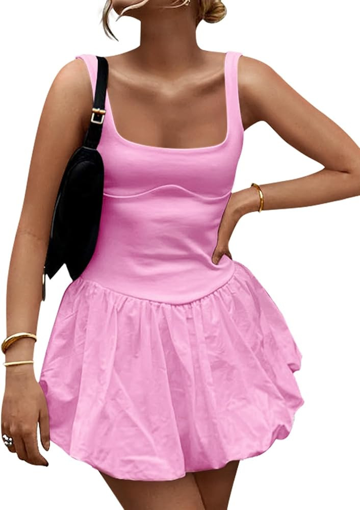 ZESICA Women's 2024 Summer Mini Dress Tank Sleeveless Square Neck Solid Color Puffy Beach Short D... | Amazon (US)