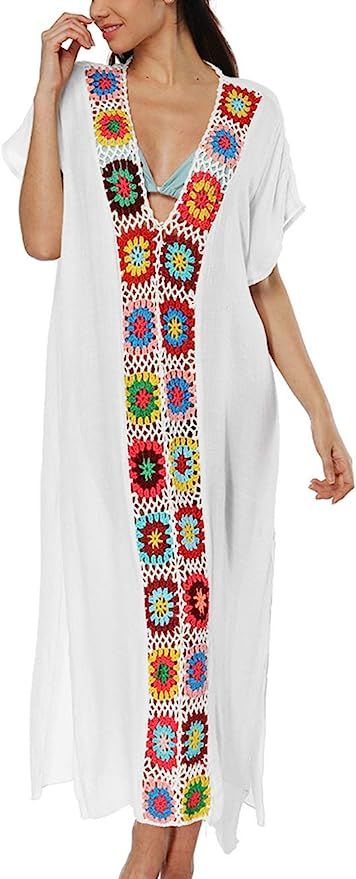 Bsubseach Women Floral Patchwork V Neck Bathing Suit Cover Up Short Sleeve Beach Dress | Amazon (US)