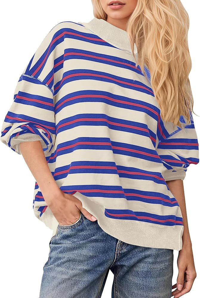 Women\u2019s Mock Neck Sweatshirt Striped Oversized Long sleeve Pullovers | Amazon (US)
