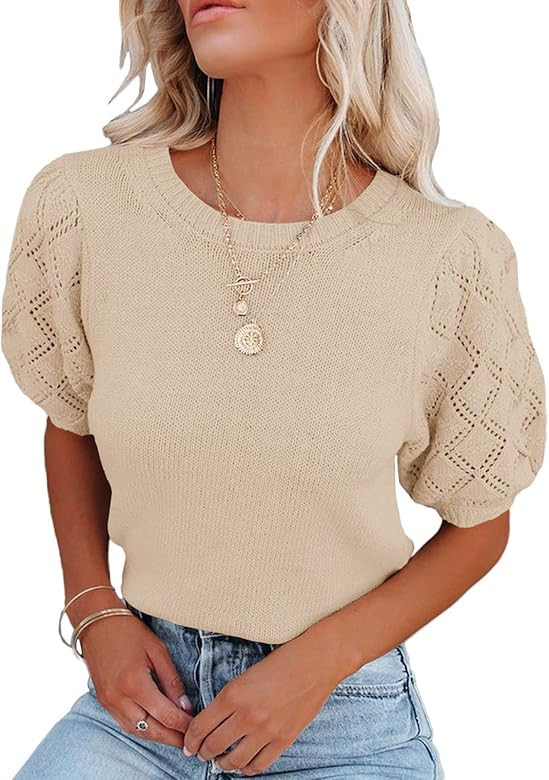 Womens Short Sleeve Sweaters Crewneck Knit Pullover Tops 2023 Fall Casual Lightweight Crochet Blo... | Amazon (US)