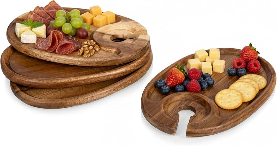 PICNIC TIME Wine Appetizer Plates, Set of 4 Wooden Cocktail Plates with Glass Holder, Mini Charcu... | Amazon (US)