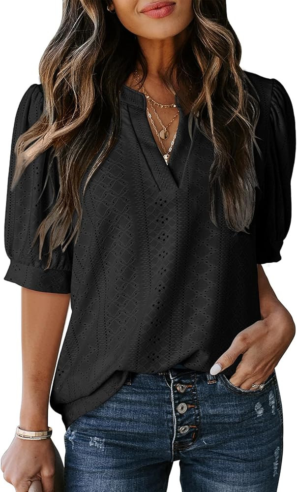 Dokotoo Womens Summer Business Casual Blouses V Neck Short Sleeve Shirts Hollow Out Cute Lace Top... | Amazon (US)