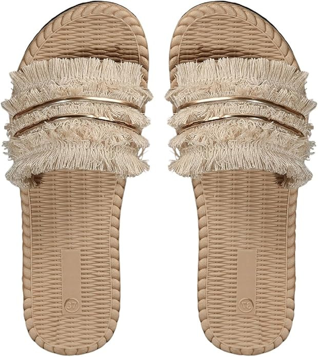 Verdusa Women's Open Toe Fringe Sandals Slip On Outdoor Boho Beach Slides | Amazon (US)
