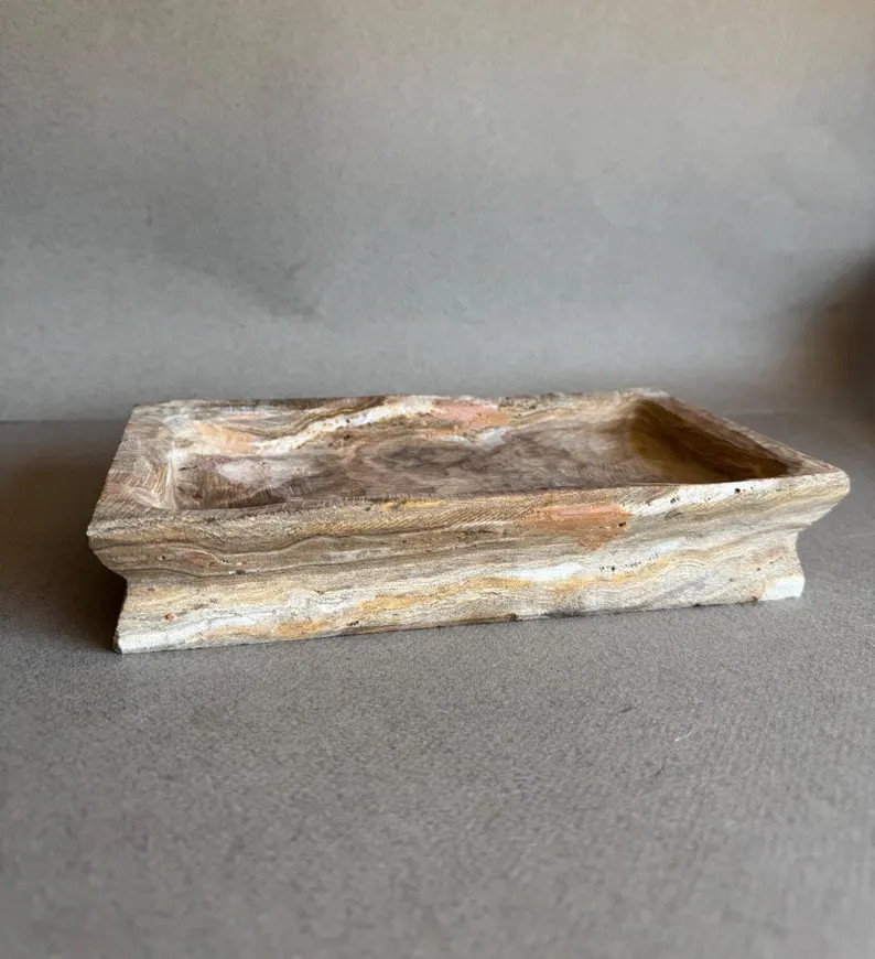 Cream + Desert Brown Onyx Stone Tray – Rectangular Stepped Edge Stone Catchall for Jewelry, Can... | Etsy (US)