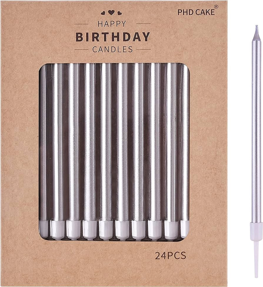 PHD CAKE 24-Count Silver Long Thin Metallic Birthday Candles, Cake Candles, Birthday Parties, Wed... | Amazon (US)
