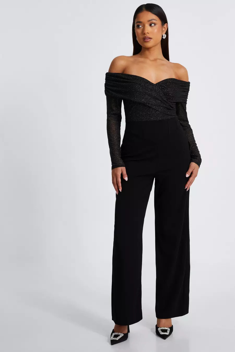 Petite Black Glitter Mesh Jumpsuit | Quiz Clothing