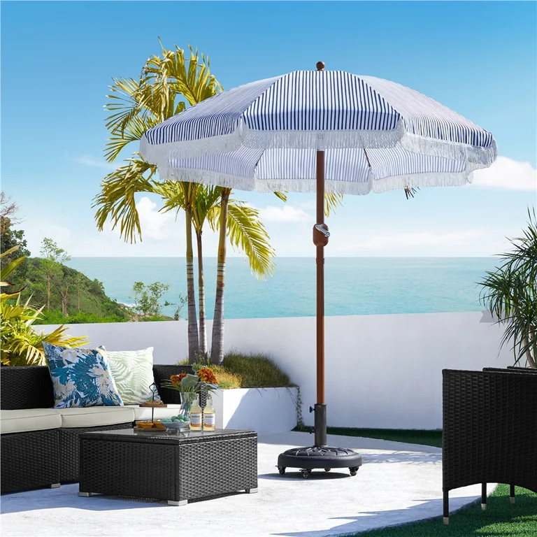 Renwick 7.5Ft Holiday Style Patio Umbrella with Fringe, Blue/White | Walmart (US)