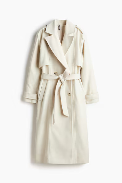 H & M - Brushed-finish twill trench coat - White | H&M (UK, MY, IN, SG, PH, TW, HK)