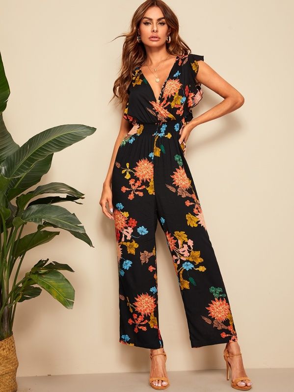 SHEIN Surplice Wrap Ruffle Trim Botanical Print Jumpsuit | SHEIN