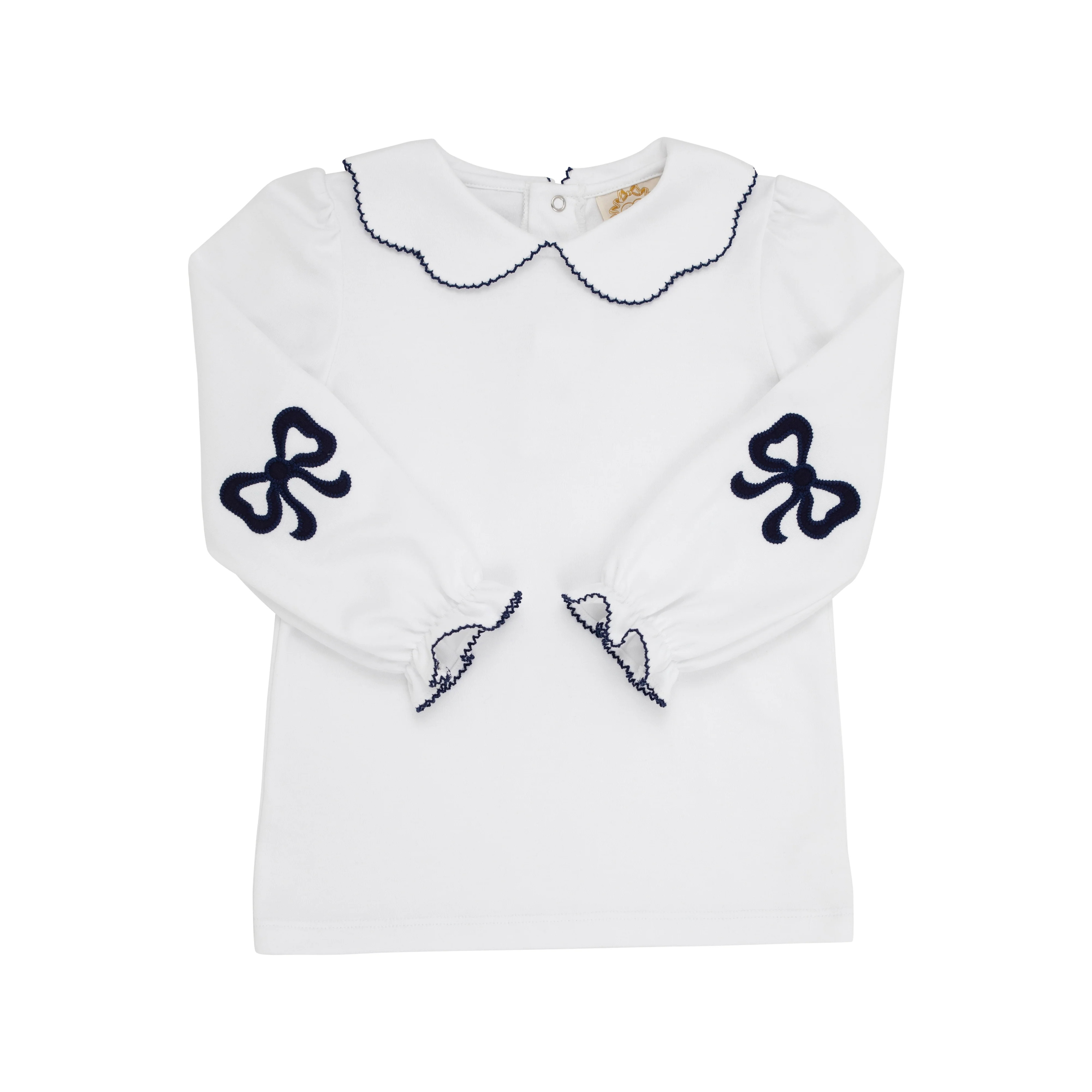 Emma's Elbow Patch Top - Worth Avenue White with Nantucket Navy Bows | The Beaufort Bonnet Company
