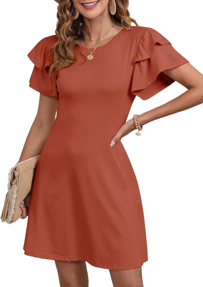 Dokotoo Women 2025 Summer Ruffle Edge Sleeve Dresses Floral Casual Beach Mini Dress with Pocket | Amazon (US)