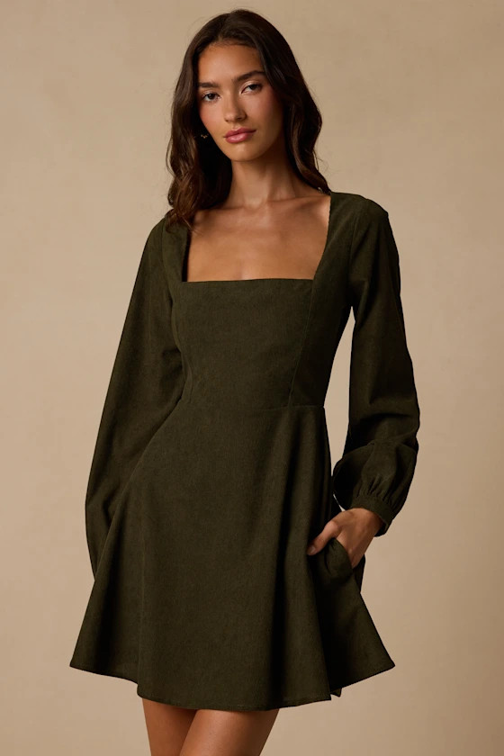 Daily Affection Olive Corduroy Mini Dress With Pockets | Lulus