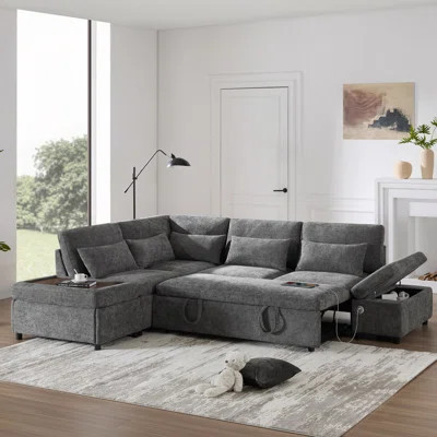 107" Sectional Sleeper Sofa Bed With Pull Out Couch, L-Shaped With Adjustable Armrest, USB&Type-C Charging, Free Movement Storage Ottoman, Free Combin | Wayfair North America