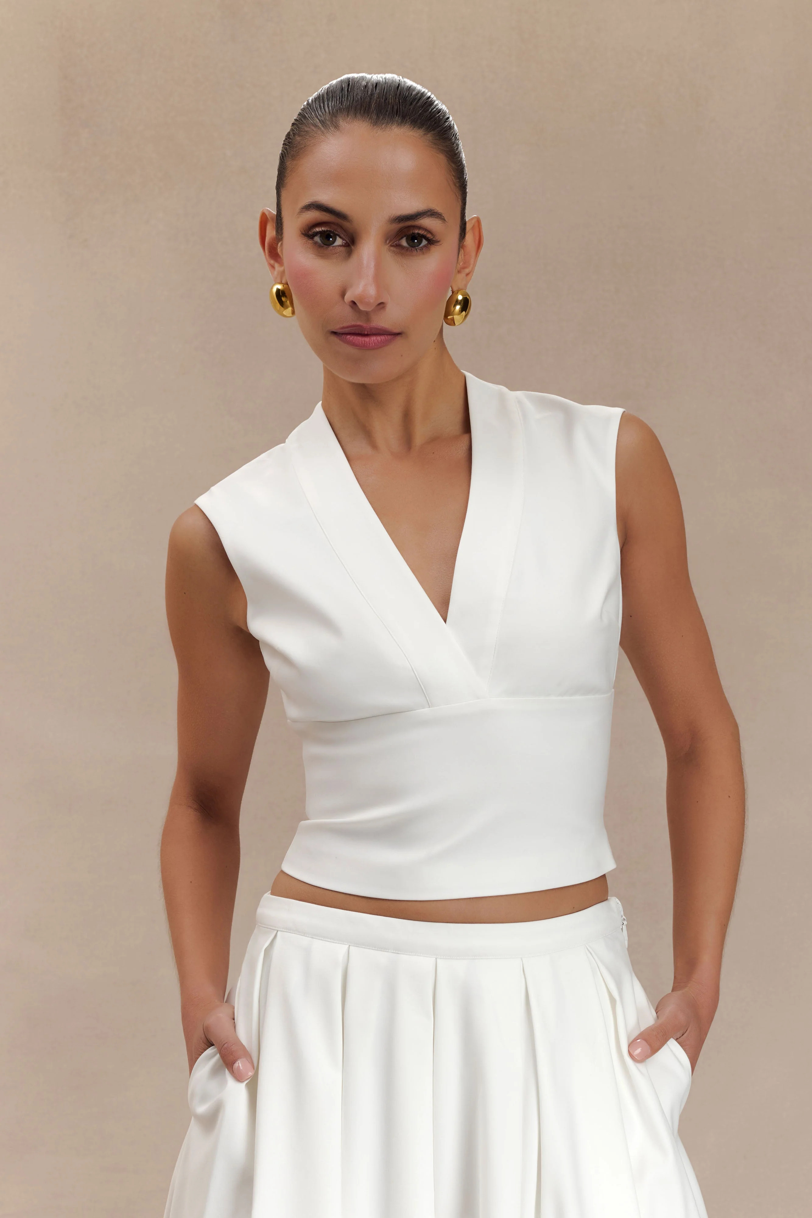Jemima Sleeveless Cross Over Top - White | MESHKI US