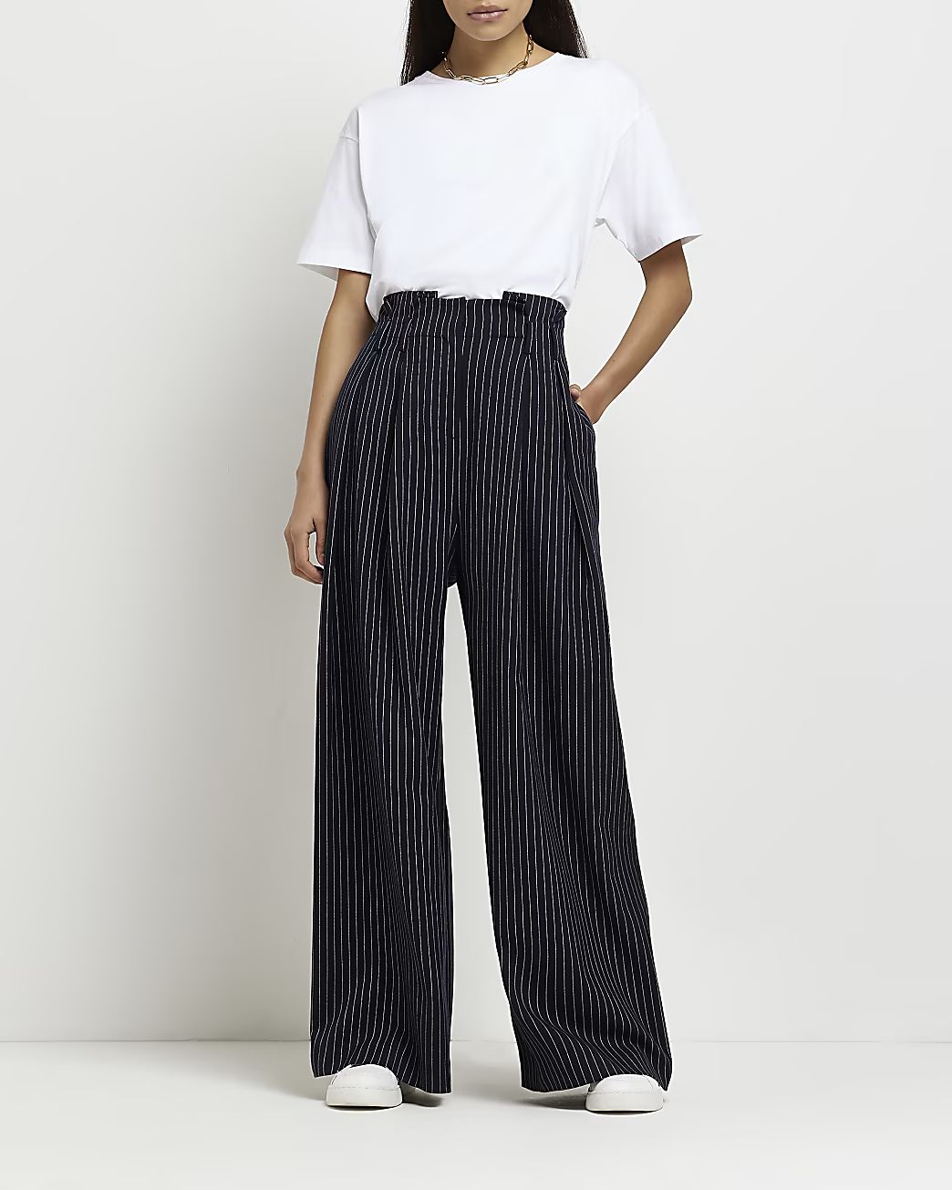 Navy stripe paperbag wide leg trousers | River Island (UK & IE)