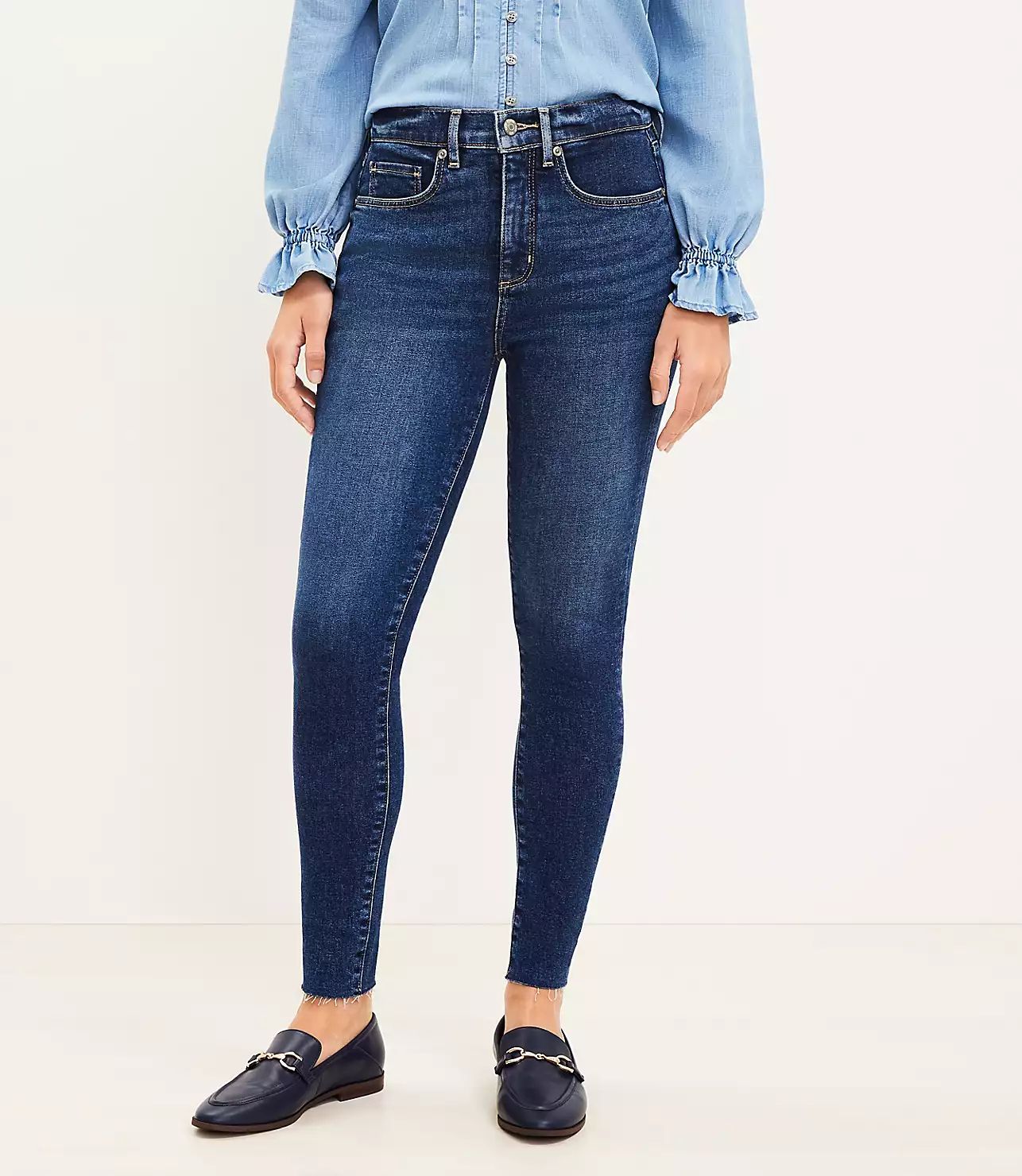 Petite Curvy Chewed Hem Mid Rise Skinny Jeans in Authentic Mid Indigo Wash | LOFT