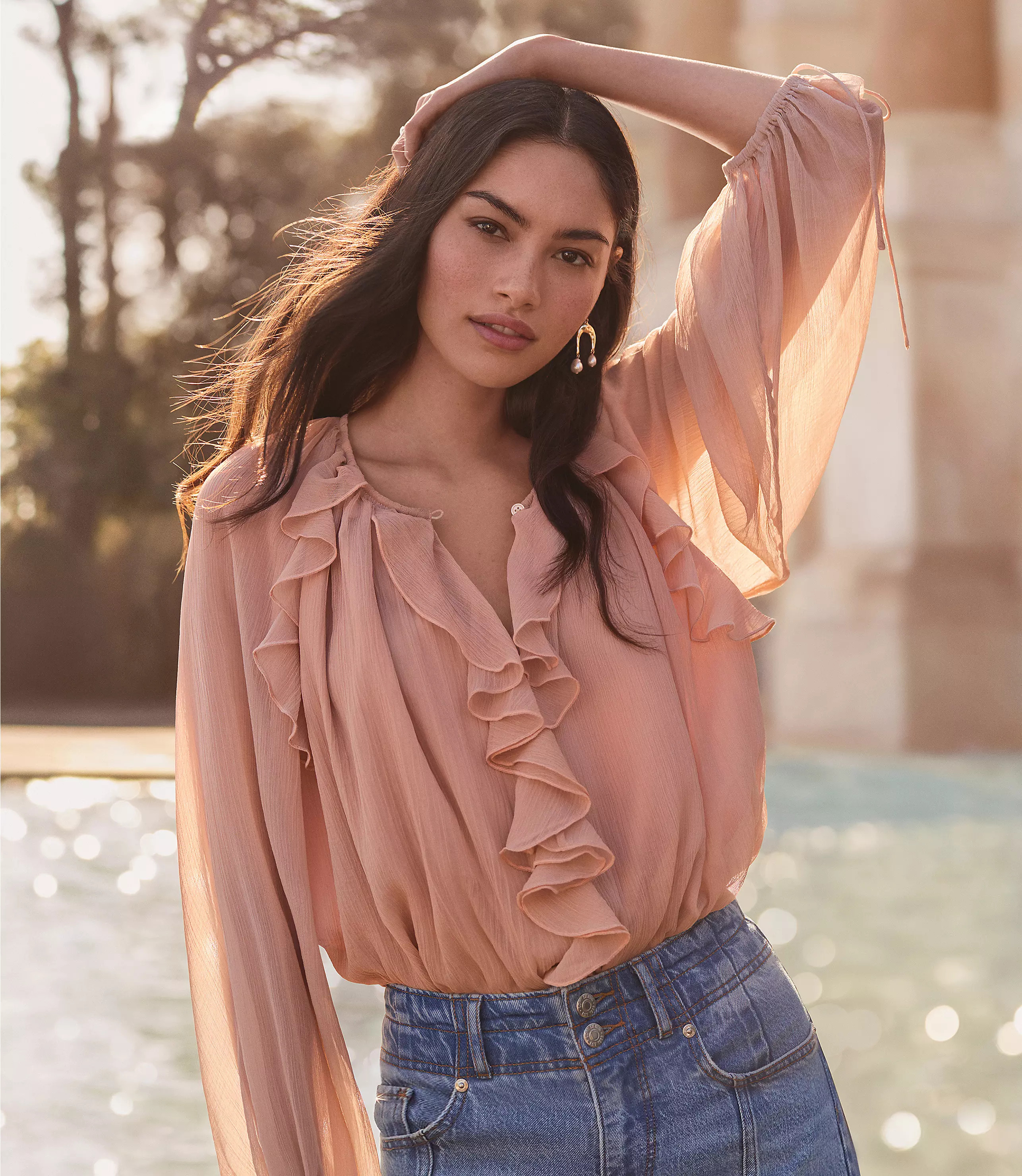 Chiffon Ruffle Tie Cuff Blouse | LOFT