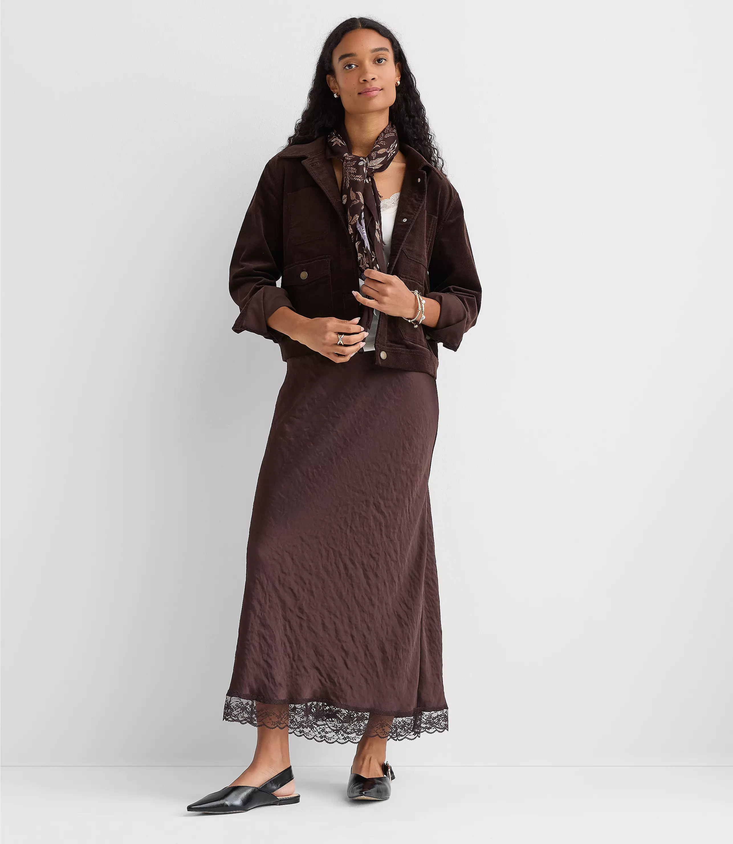 Lace Trim Satin Bias Maxi Skirt | LOFT