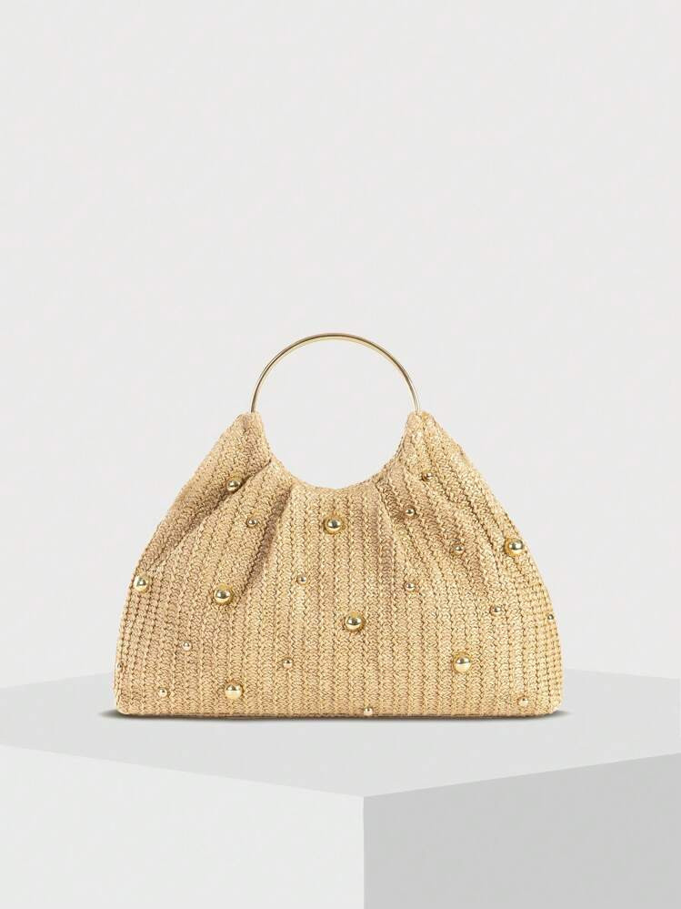 Women's Fashion Vacation Straw Pleated Handbag With Rivet Circle Handles, Perfectly Matching With Vacation Outfits Women | SHEIN