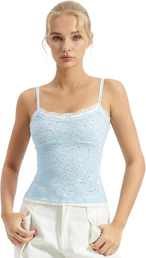 QINSEN Women's Double Layer Lace Camisole Tank Scoop Neck Summer Y2k Going Out Trendy Cami Shirt | Amazon (US)