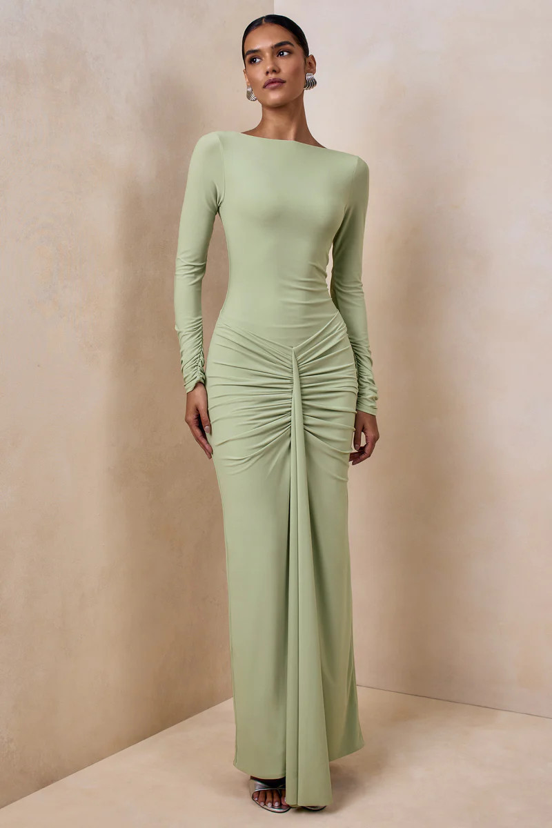 Matilda | Light Green Boat-Neck Maxi Dress With Ruched Detailing | Club L London