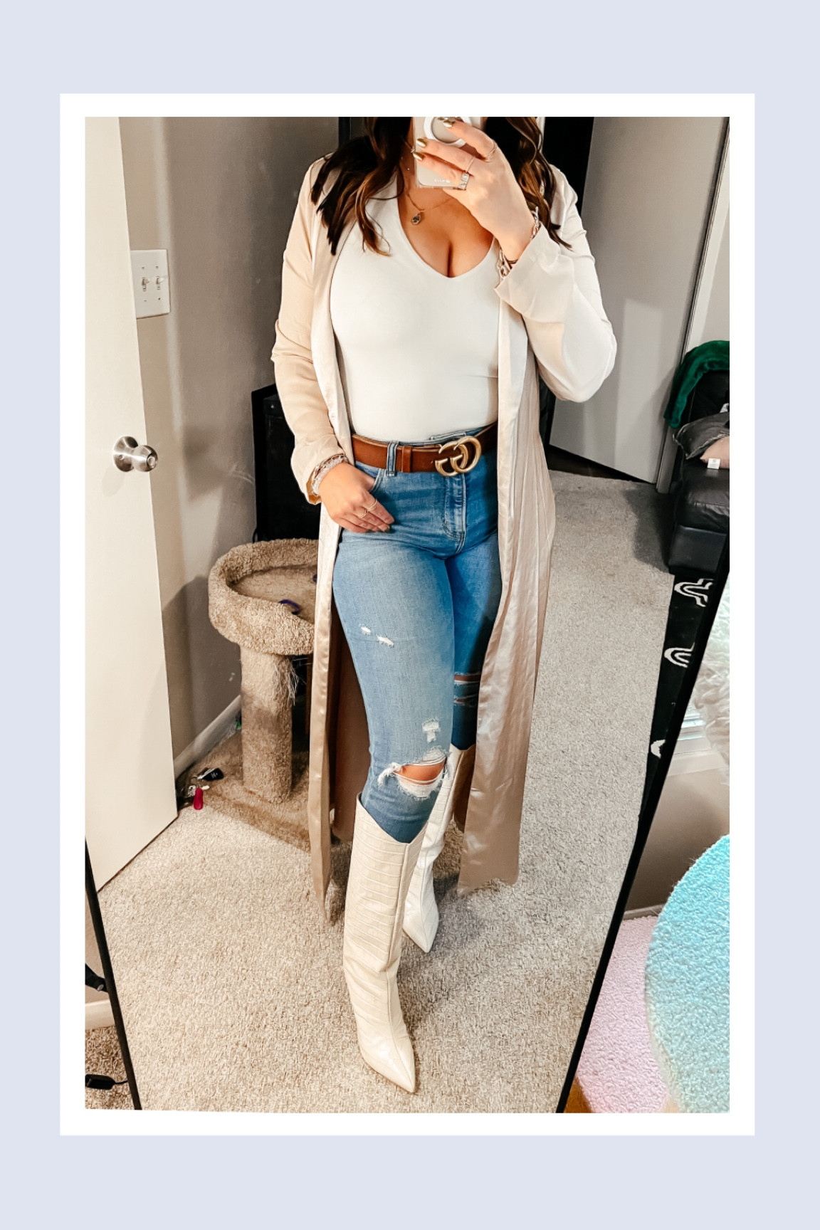 Winter baby shower attire 

Off white swan body suit 
Ripped denim 
Shultz embossed croc boots
Satin duster 
Gucci belt

#LTKcurves #LTKshoecrush #LTKstyletip