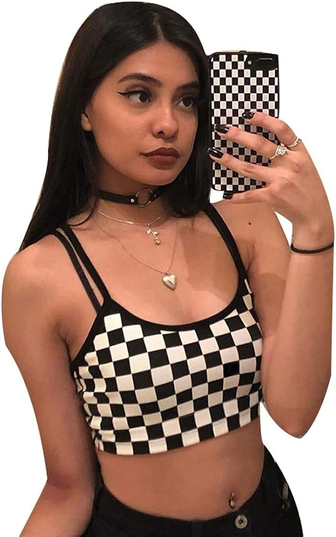 Women Sexy Checkerboard Print Strap Backless Plaid Camis Streetwear Crop Tops | Amazon (US)