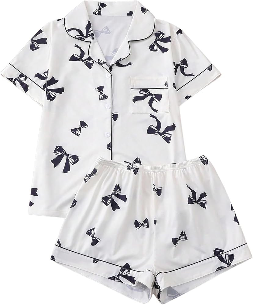 SHENHE Women's Pajama Set Bow Print Short Sleeve Button Down Sleep Shirt Pj Shorts Loungewear | Amazon (US)