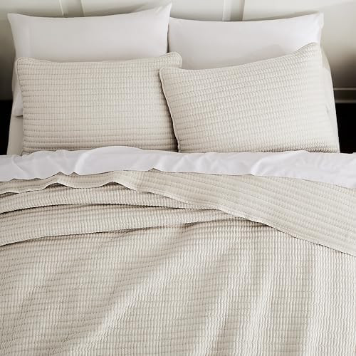 WDCOZY Beige Pick Stitch King Size Quilt Set, Striped Lightweight Soft Summer Spring Bedspread, B... | Amazon (US)