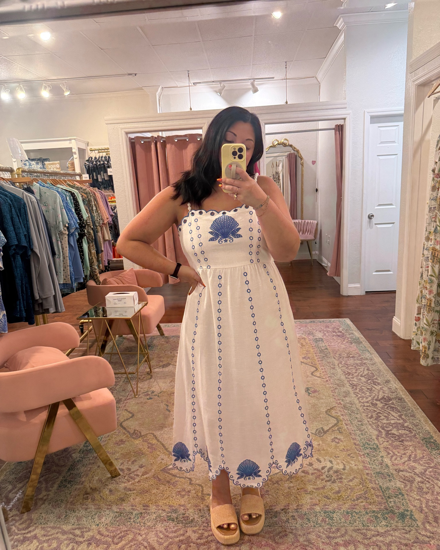 This dress is giving ✨coastal summer dreams✨ 🤍💙 The sweetest details, flattering fit, and the perfect blue-and-white print! So cute for brunch, vacation, or a summer date night. 🐚💙 

Wearing a size large in the dress.

#LTKootd #LTKMidsize #LTKTravel