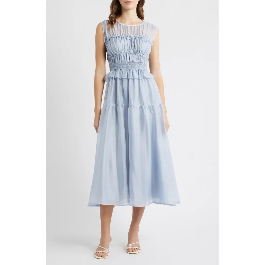 MOON RIVER Semi Sheer Yoke Gathered Peplum Midi Dress in Dusty Blue at Nordstrom, Size X-Large | Nordstrom