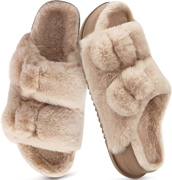 KuaiLu Women's Fluff Slippers Plantar Fasciitis Arch Support Platform Slippers Ladies Fashion Ope... | Amazon (US)