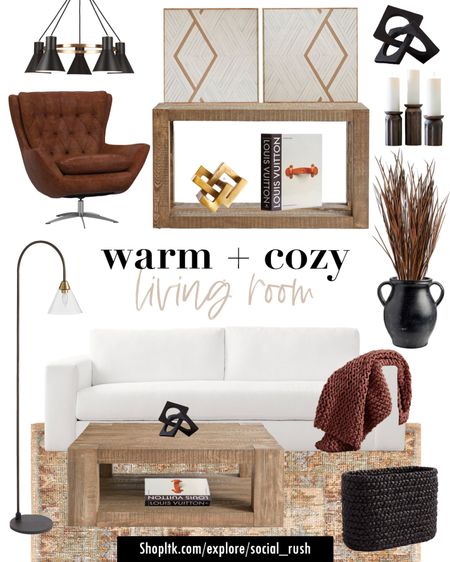 Warm & Cozy Living Room, Living Room Decor, Cozy Living Room Finds, Wood Coffee Table, Wood Console Table, Cozy Home Finds, Living Room Idea, White Couch, Leather Accent Chair, Coffee Table Book, Chunky Knit Blanket, Vases, Abstract Rug, Fall Home

#LTKSeasonal #LTKHoliday #LTKhome