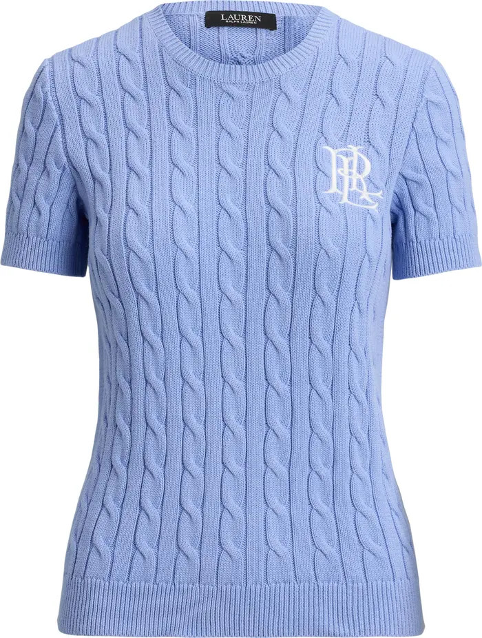 Embroidered Logo Short Sleeve Cable Sweater | Nordstrom