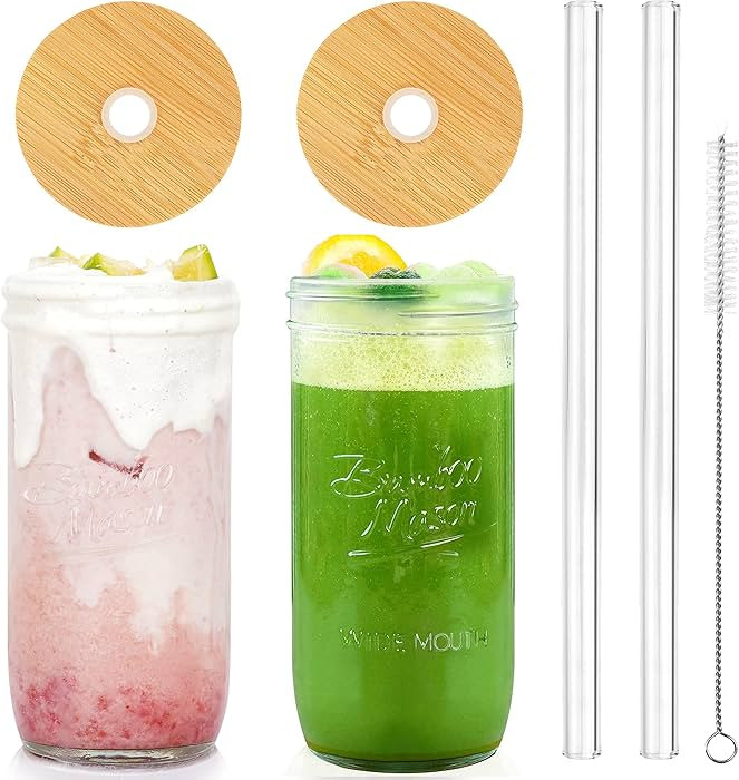 ANOTION Mason Jar with Lid and Straw, 24oz Wide Mouth Cup Reusable Drinking Glasses Tumbler Smoot... | Amazon (US)