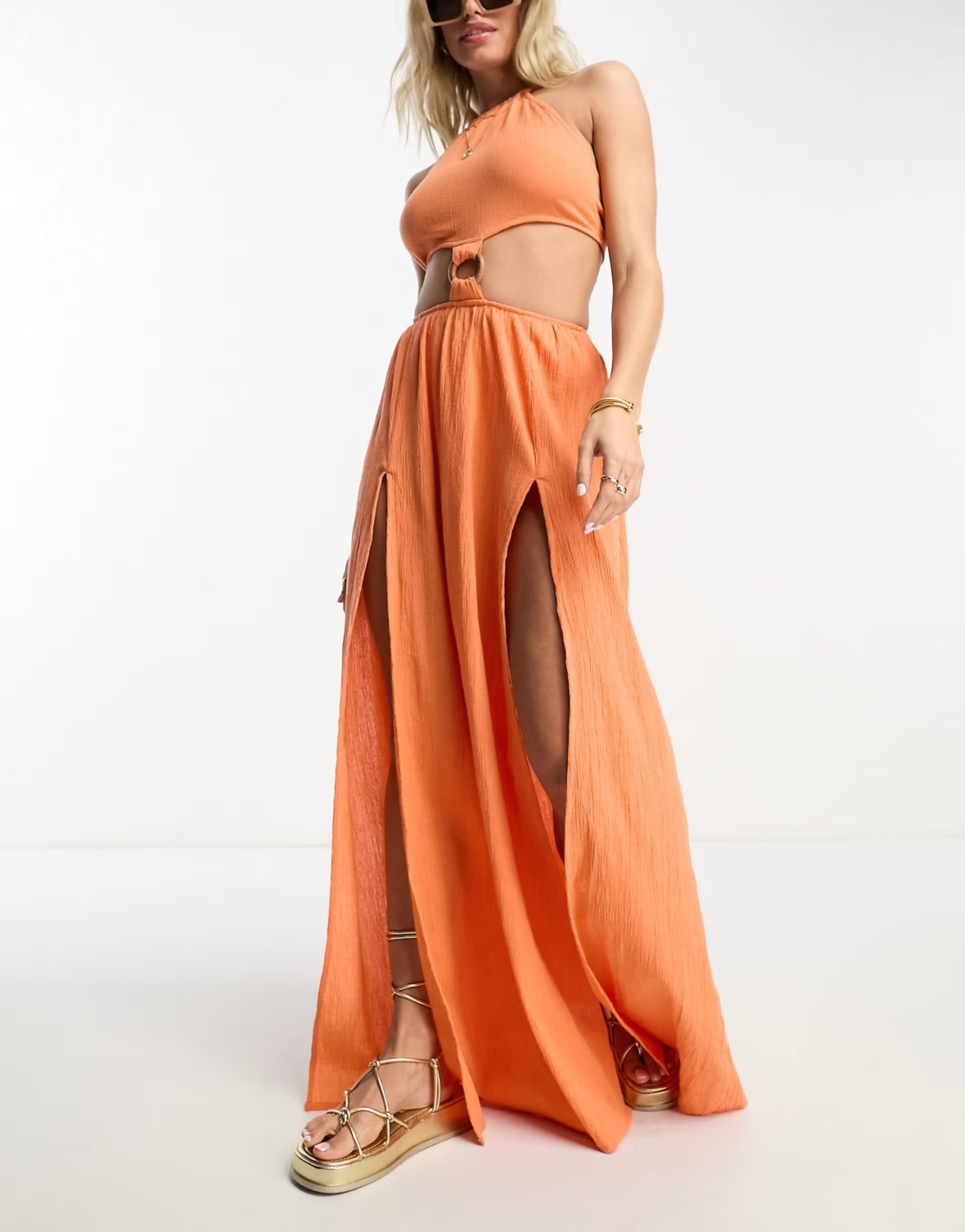 ASOS DESIGN Fuller Bust halter maxi beach dress in orange crinkle | ASOS (Global)