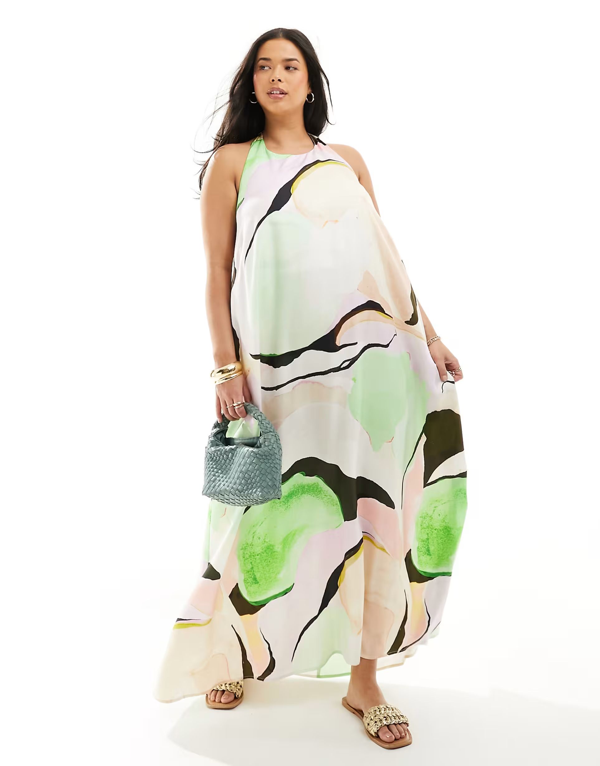 ASOS DESIGN Curve cupro clean halter maxi sundress in  bright abstract print | ASOS | ASOS (Global)