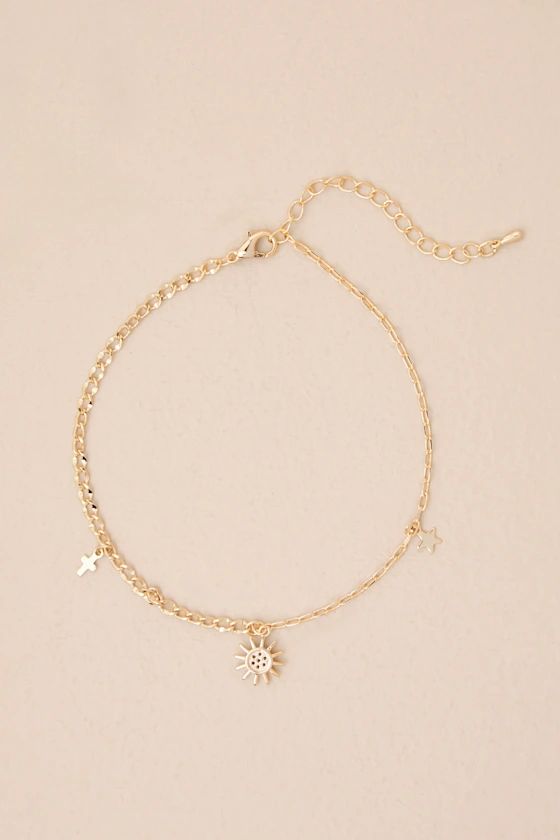 Sunny Gleam Gold Rhinestone Sun Charm Anklet | Lulus