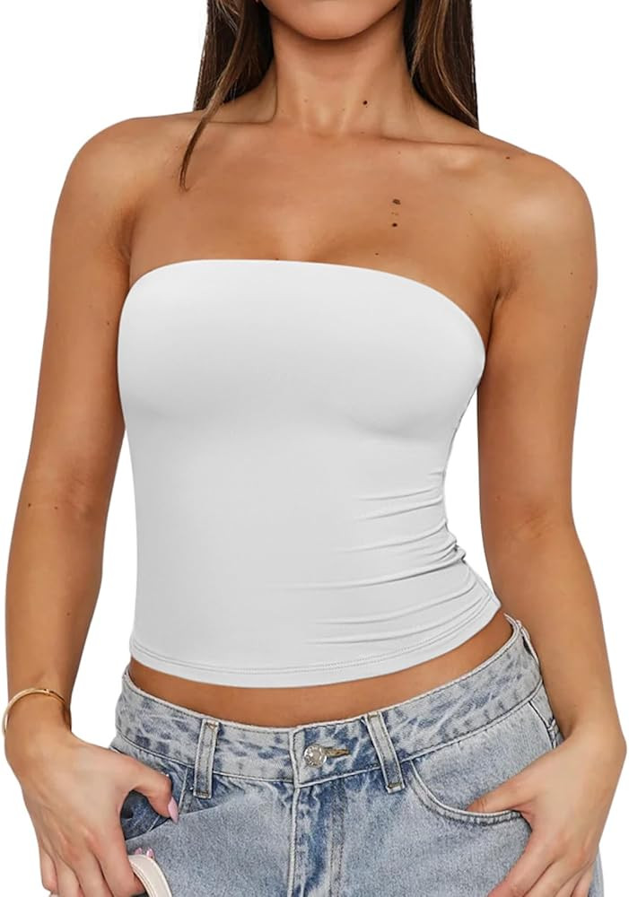 REORIA Women's Y2K Strapless Backless Tube Top Double Lined Sleeveless Crop Tank Top for Summer 2... | Amazon (US)