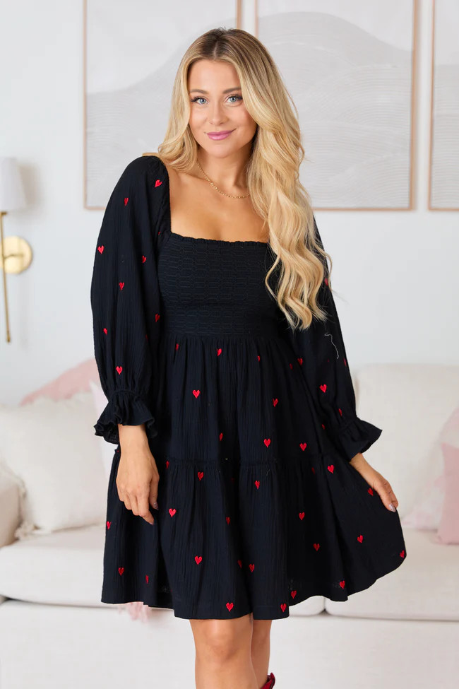 Dress To Impress Black Heart Smocked Top Mini Dress | Pink Lily