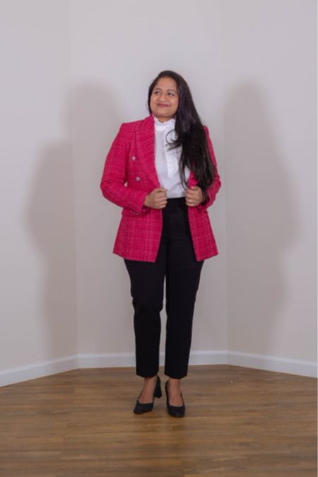 Valentine's Day office outfit. Pink blazer outfit 

@hm pink blazer, fits amazing, it's lightweight and perfect for casual outfits as well in size M
@anntaylor trousers 
@hm white blouse 
@Jcrew black heels 

#LTKFind #LTKunder100 #LTKworkwear