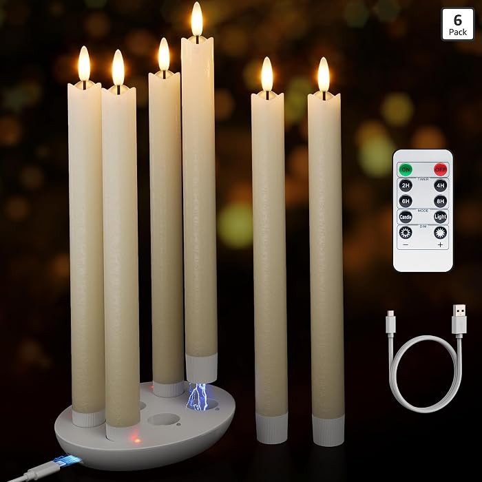 Rechargeable Flameless Taper Candles with Remote, Charging Base, 6 Pcs | Amazon (US)