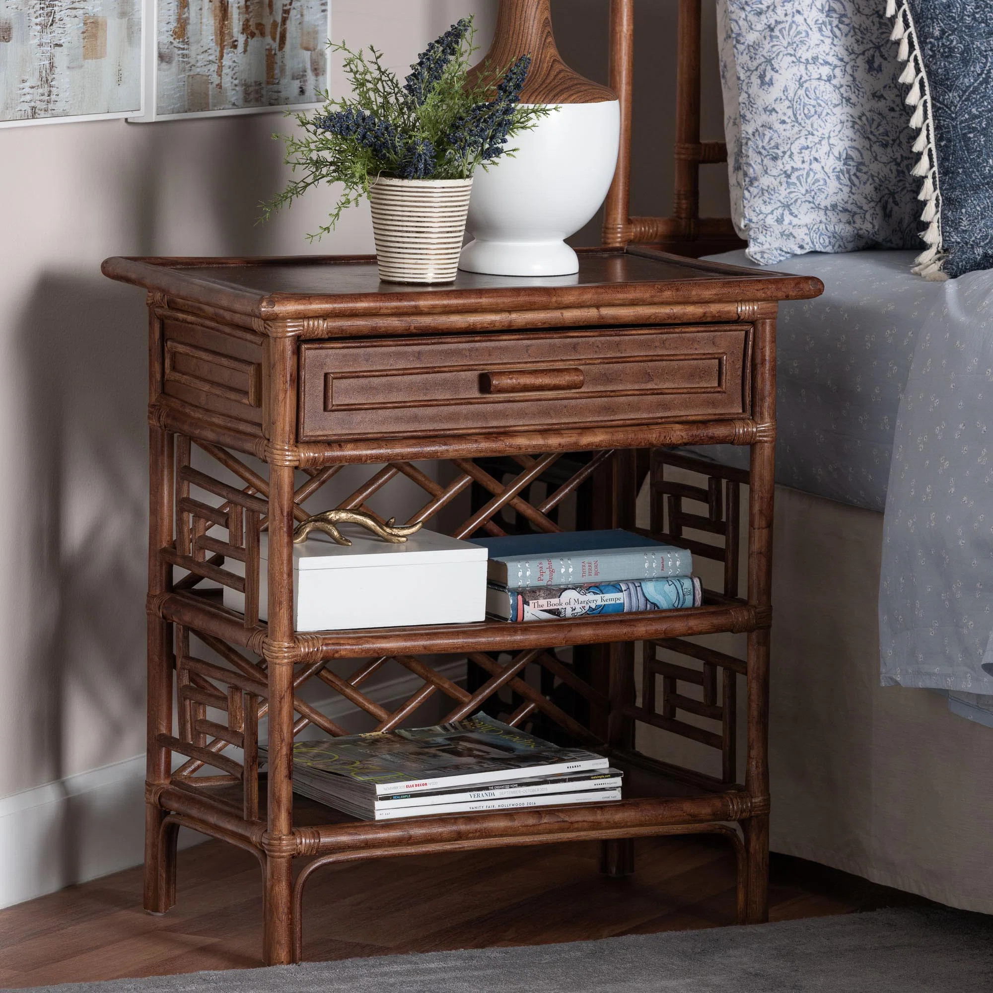 Bali & Pari Daemyn Marbled Tortoise Natural Rattan Nightstand - Handcrafted Wicker Bedside Table ... | Wayfair North America