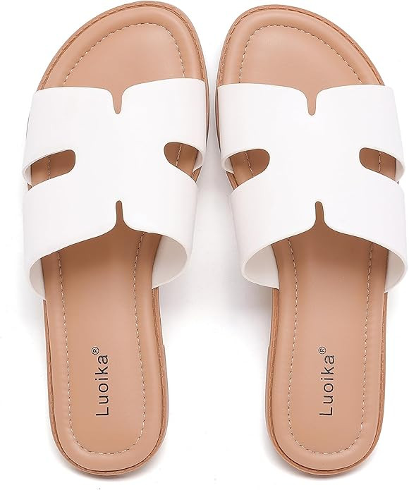Luoika Women's Wide Width Flat Slides Sandals, Casual Comfortable Summer Beach Shoes Slip on Slid... | Amazon (US)