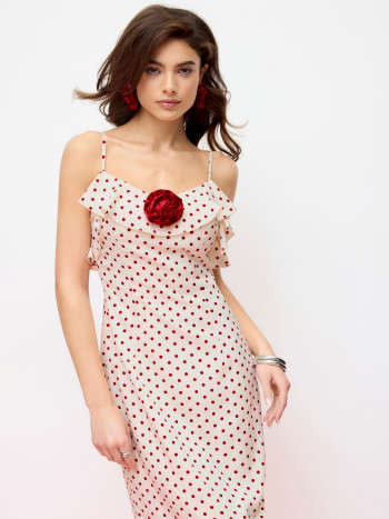 Valentine Satin Satin Polka Dot V-Neck Ruffle Maxi Dress For Date Party/Clubbing | Cider