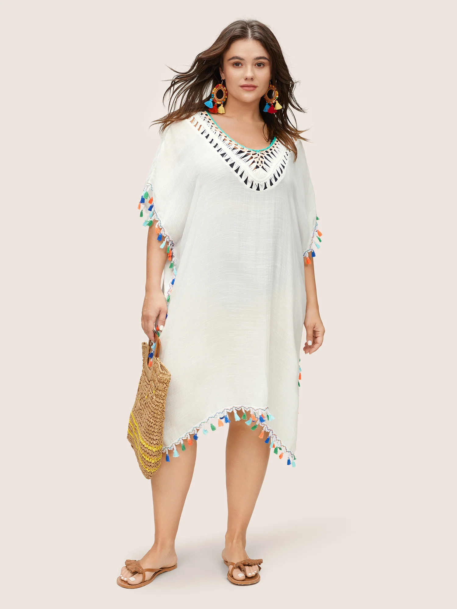 Color Tassel Trim Batwing Sleeve Cover Up | Bloomchic