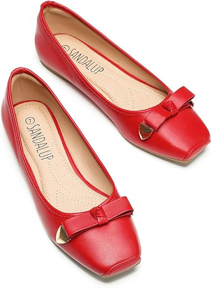 SANDALUP Ballet Flats, Wide Welt Buckle Square Closed Toe Flats Comfort Slip on Flat Ballerina Bu... | Amazon (US)