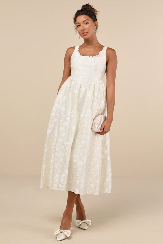 Immaculate Elegance Cream Jacquard Lace-Up Midi Dress | Lulus